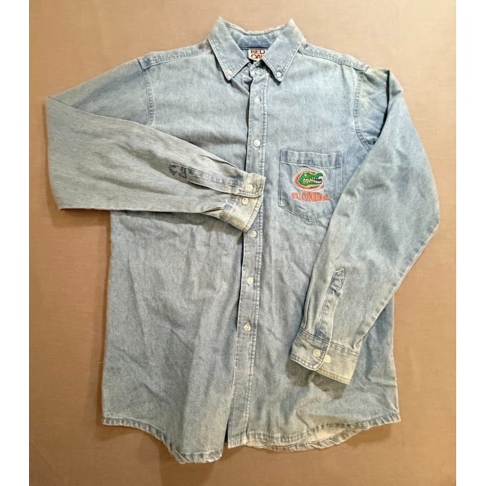 Vintage Sports Wear Shirt Mens M Blue Denim Up Button Long Sleeve 90s.